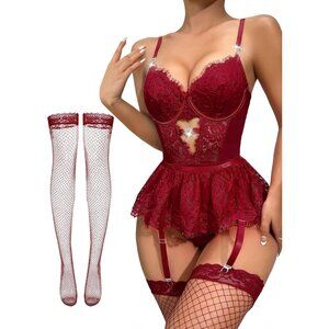 Women's Burgendy Lace Bodysuit Underwire Babydoll Lingerie Set Garter Belt